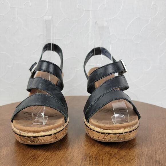 B.O.C Womens Schirra Sandals‎ 7 Black Leather Cork Wedge Sling Back Buckle Strap - Picture 7 of 14